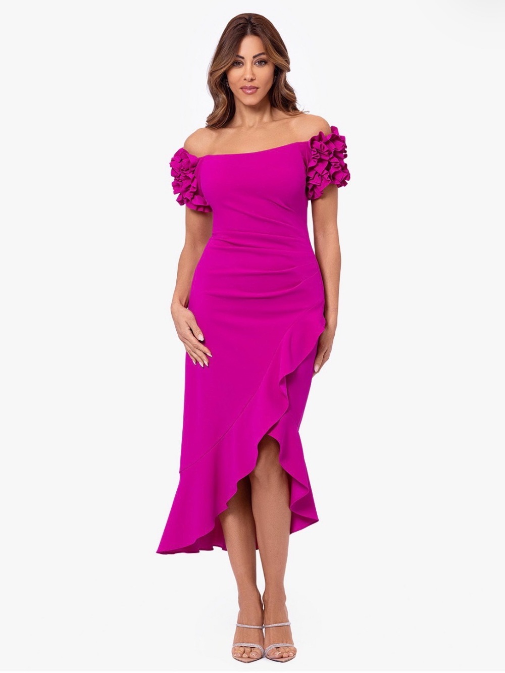Xscape Fuchsia Off-Shoulder Ruffle Midi Dress
